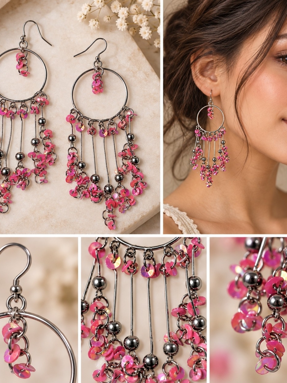 Pink Beaded Hoop Dangle Earrings - Women Jewelry